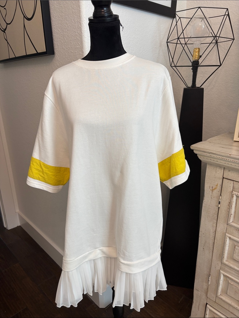 Daily Practice White Tunic Mini Dress with Contrasting Pleated Skirt